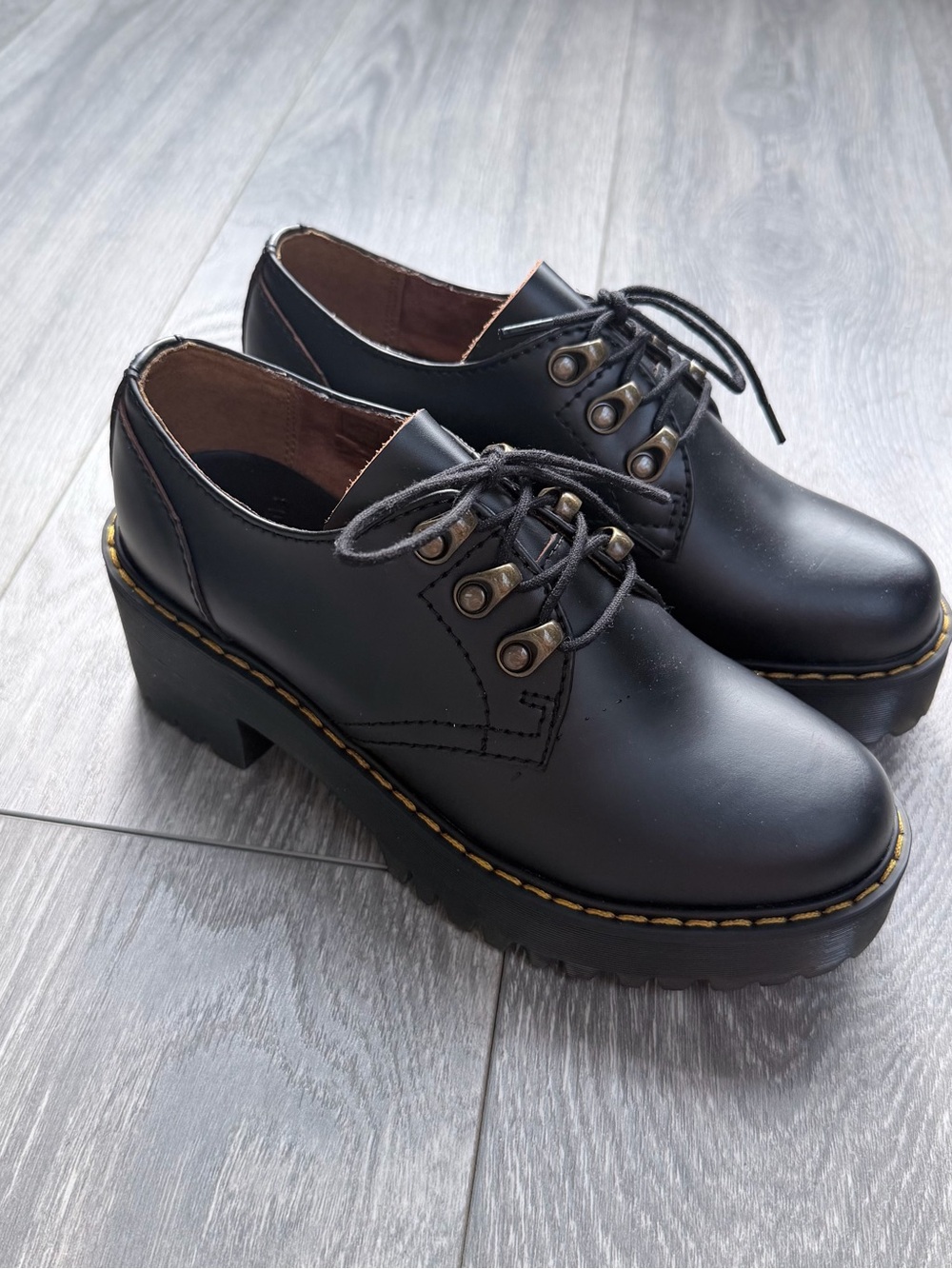 Dr. Martens Black Leather Lace-Up Platform Heels with Yellow Stitching